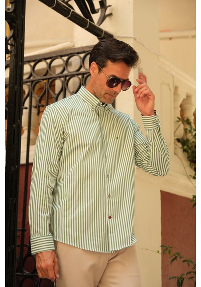 Slim Fit Uzun Kol Likralı Çizgili Yaka Düğmeli Hediye Kutulu Erkek Gömlek Fs-003669 - Yeşil-2431