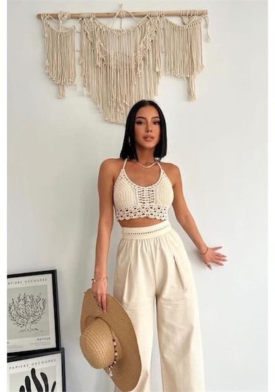 Neşeli Butik Kadın Yıkamalı Pamuk Gabardin Pantolon Nbasp7017 Bej