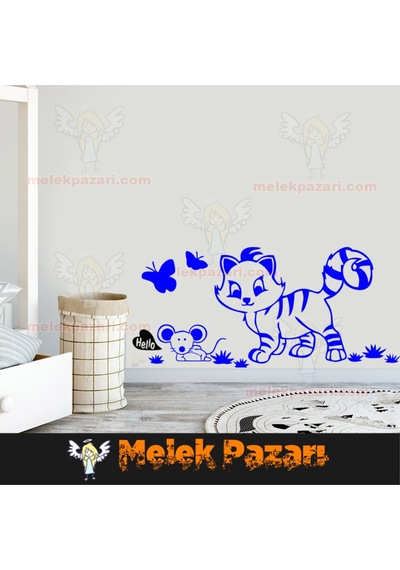 Sevimli Kedi Ve Fare Çocuk Odası Duvar Sticker
