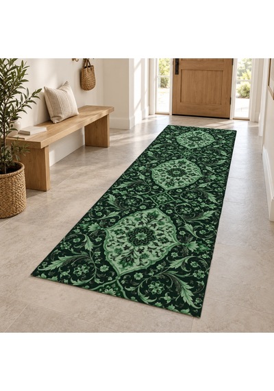 Kartela Halı İmparatorluk Gecesi Yeşil Krem Koridor Mutfak Yolluk Halısı Kaymaz Taban 60x180 Cm