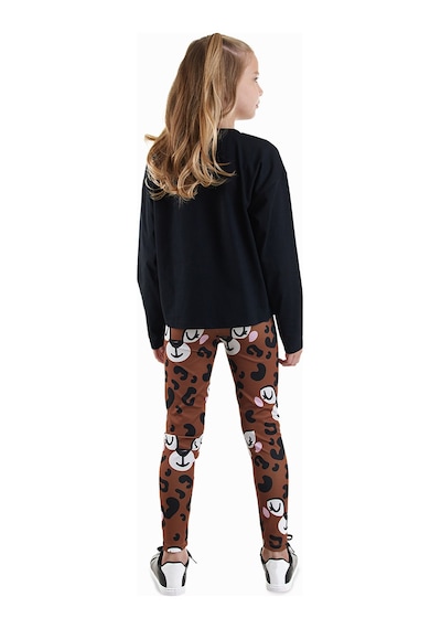 Kız Çocuk Kışlık Leopar Desenli Pamuklu Siyah Uzun Kollu Crop T-Shirt Tayt Takımı 5-10 Yaş