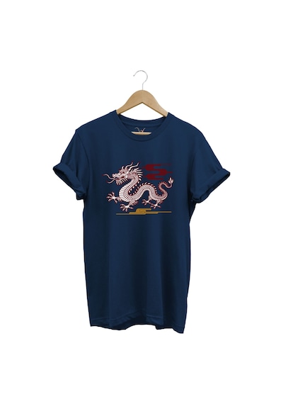 Mitolojik Asya Çin Ejderha Baskılı %100 Pamuk Regular Fit Bisiklet Yaka Lacivert T-shirt Lacivert