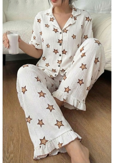 Düğmeli Bürümcük Kısa Kol Kadın Pijama Takımı Beyaz
