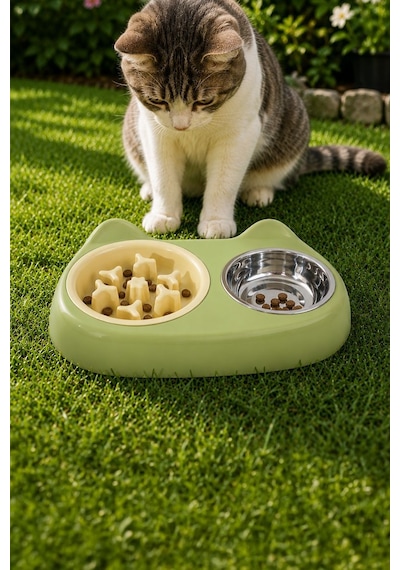 Çelik 360 Ml Plastik Yeşil Kaymaz Taban Yavaş Yeme Kedi Köpek Mama Ve Su Kabı Mt284ys