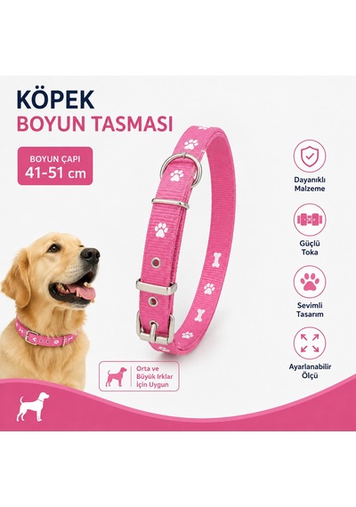 Pati Ve Kemik Desenli Köpek Boyun Tasması 41-51 Cm Ayarlanabilir Metal Tokalı D Halkalı - Pembe Çok Renkli