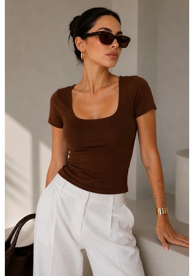 Bb Butik Basic Soft Touch Kare Yaka Body Tulum Astarlı Md3535 Kahverengi