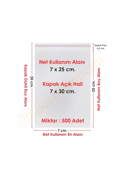 7x25+5 Cm. 7x30 500 Adet Şeffaf Bantlı Yapışkanlı Opp Poşet