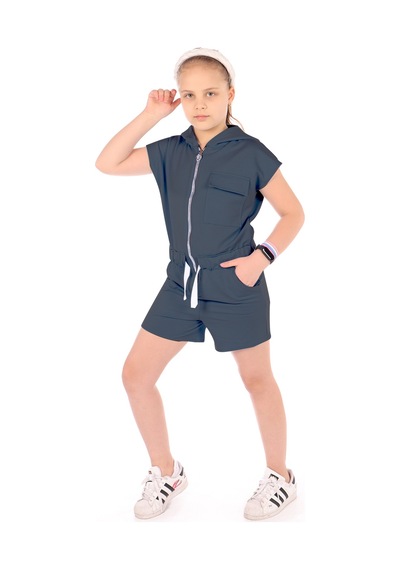 Toontoy Kids Toontoy Kız Çocuk Kapüşonlu Fermuarlı Cepli Kısa Kol Kısa Tulum - Bağcık Detaylı Füme
