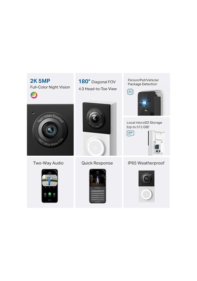 Tp-link Akıllı Video Kapı Zili Kamera Kablolu, 2k 5mp, Renkli Gece Görüşü, 180 Ultra Geniş Fov, 2 Yönlü Ses,