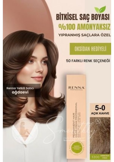 Renna Amonyaksız Bitkisel Yıpranmış Saçlar İçin Saç Boyası 5-0 Açık Kahve 60ml