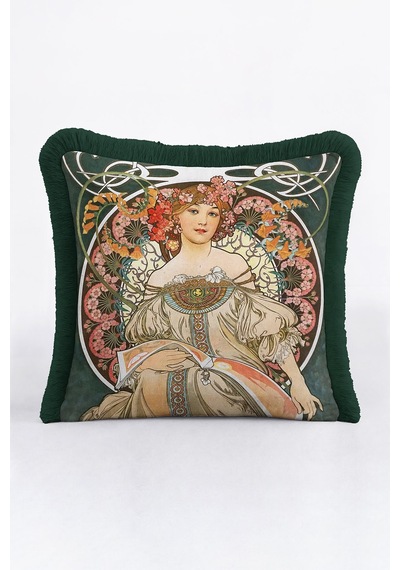 Art Nouveau Saçaklı Yastık Kılıfı - Romantik Kadın Figürü Bohem Yeşil Püsküllü Kırlent Kılıfı Çok Renkli