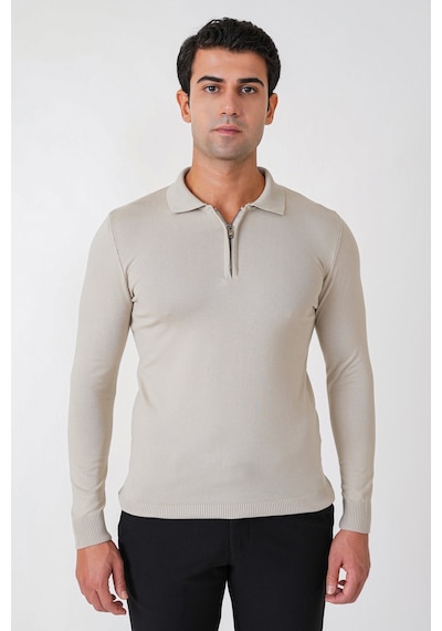 Slim Fit Esnek Pamuklu Fermuarlı Polo Yaka Taş Triko Tr 902