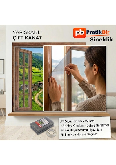 Pratikbir Sineklik / Kolay Kurulum Çift Kanat Pencere İçin