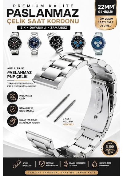 22mm Paslanmaz Çelik Metal Saat Kordonu Suya Dayanıklı, Çelik Pimli, Şık Ve Dayanıklı Diğer