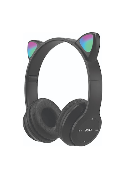 2 Adet Bood Çocuk Rgb Işıklı Kedili Kulak Üstü Bluetooth Kulaklık P47 Siyah