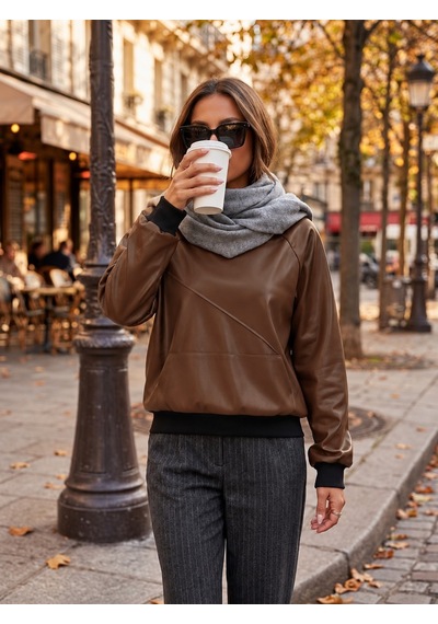 Bhrwear Kadın Uzun Kollu Kapşonlu Cepli Şardonlu Deri Bluz Renkli