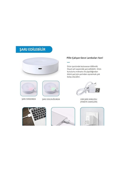 Unichrome 2 Renkli Hareket Sensörlü USB Şarj Edilebilir LED Işık Dolap İçi
