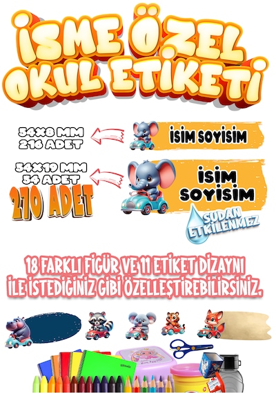 Okul Etiketi Kalem Defter Etiketi İsme Özel Etiket Set11