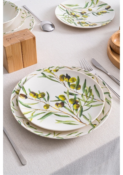 Olive Zeytin Desenli 24 Parça 6 Kişilik Premium Porselen Yemek Takımı Akdeniz Koleksiyonu Yeşil