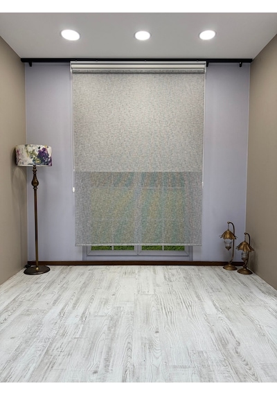 Çift Mekanizmalı Gri Çizgili Desenli Tül Ve Beyaz Stor Perde - İthal Mat Polyester Gri