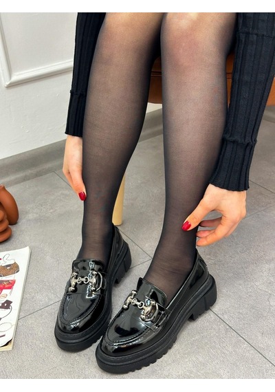 Siyah Rugan Mossible Gümüş Zincir Detay Kadın Loafer-5193 Siyah - Gümüş