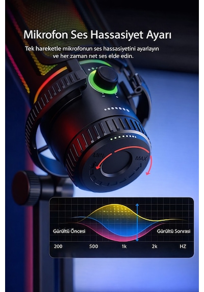 Exenar - Siyah - Condenser Yayıncı Mikrofonu Profesyonel Rgb Pc/ps4/ps5 Gamer Oyuncu Tiktok Youtube İnstagram Mikrofon