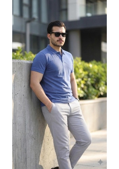 Defymoda Erkek Kısa Kollu Yakalı Tişört B. İndigo