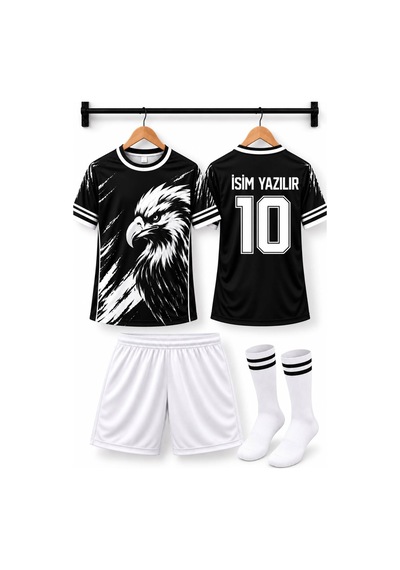 Sonvadi İsim Yazılır Çocuk Futbol Forması Takımı Kartal Baskılı Beyaz Şort 3 Parça Çorap Siyah