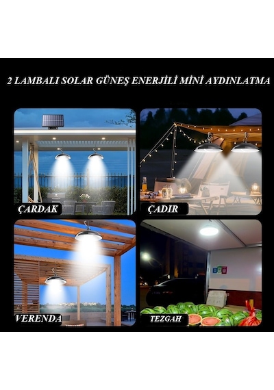 Kumandalı 2 Ledli Solar Lamba Çardak Çadır , Verenda Aydınlatması Mini Güneş Enerjili Çardak Lambası 1