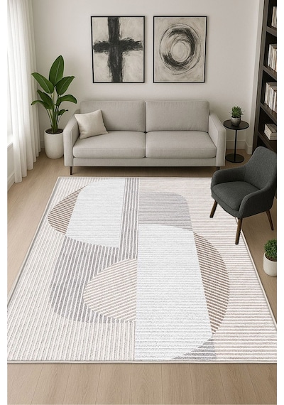 Krem Dijital Baskı Halı Kaymaz Tabanlı Yıkanabilir Halı Yolluk Salon Halısı129