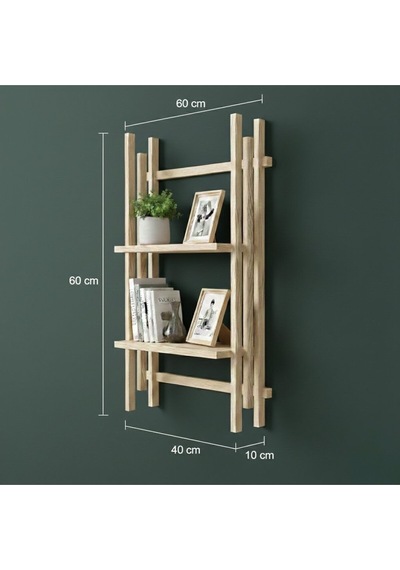 Köknar Masif Ahşap Duvar Rafı - 60x40 Cm Yapışkanlı Raf - Demonte Dekoratif Kitaplık Bej