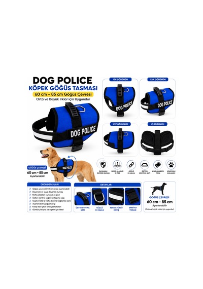 Dog Police Ayarlanabilir Köpek Göğüs Tasması Mavi-siyah 60-85 Cm Çok Renkli