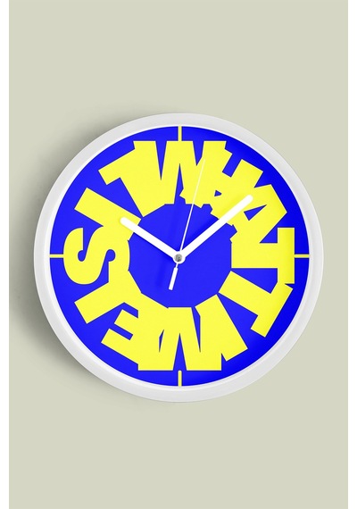 Modern Yazılı Tasarım - What Time Is It Duvar Saati - 30cm - Önü Camlı Beyaz Kasa Beyaz