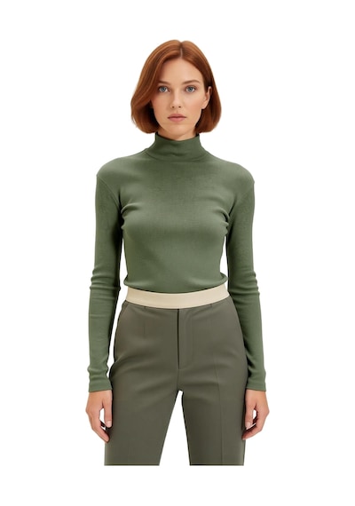 Ersefa Moda Dik Yaka Örme Slim Düz Desen Casual Günlük Regular Uzun Kol haki