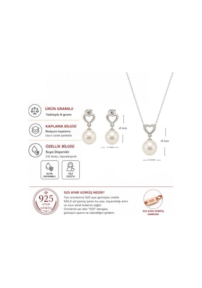 Servi 925 Ayar Gümüş Amore İnci Kalp Kolye Ve Küpe Seti-321