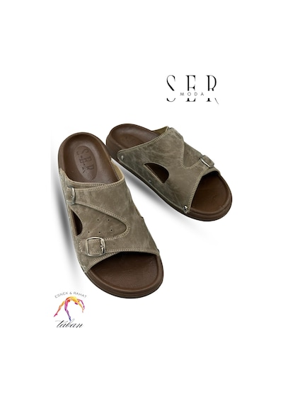Sermoda Erkek Terlik - Çift Toka Ayarlanabilir Esnek Taban Deri Erkek Terlik T Haki