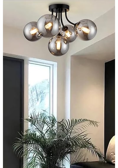 Talya Modern Globe Kapalı Camlı Metal Kasa Oturma Salon Yatak Odası Beşli Avize Gri