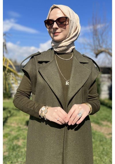 Rabia Şamlı Apoletli Haki Yelek Normal