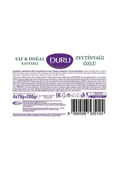 Duru Saf&dogal Zeytinyağlı Sabun, 70 Gramx4
