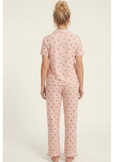 Siyah İnci İnce Soft Örme Mevsimlik Düğmeli Pijama Takımı 8043 Somon