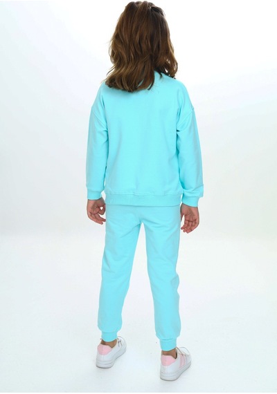 Toontoy Kids Toontoy Kız Çocuk 2'li Takım Baskılı Bisiklet Yaka Kolu Fırfırlı Sweatshirt & Beli Paçası Lastikli Cepli Jogger Eşofman Altı - 2 İplik Su Yeşili