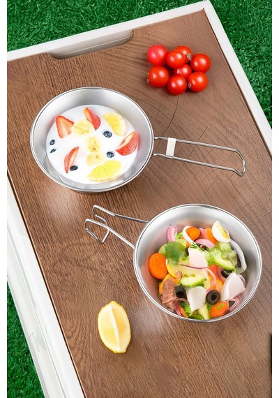 Çelik 550 Ml Katlanır Kulp Ölçekli Kamp Ve Piknik Kasesi Mt103 Gri
