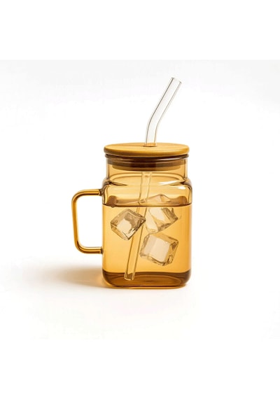 Hibiscus Gold Borosilikat Cam Kahve Bardağı Kulplu, Bambu Kapaklı, Pipetli 550 Ml Şeffaf