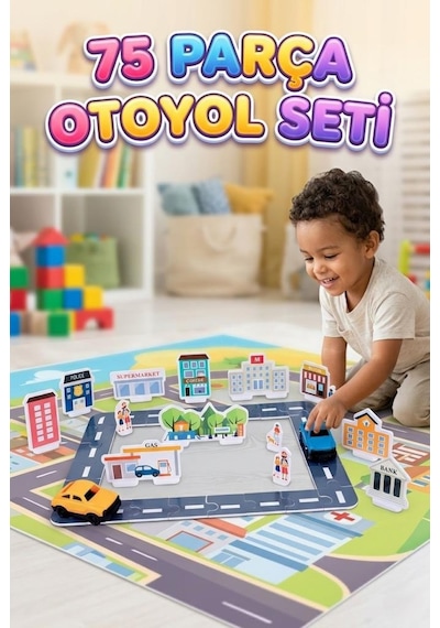 75 Parça Maket Şehir Ve Otoyol Seti - Çocuklar İçin Eğitici Yol Yapbozu Ve Arabalar