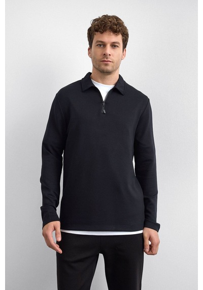Backandbond Siyah Regular Fit Gömlek Yaka Yarım Fermuarlı Sweatshirt