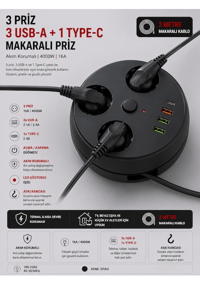Akım Korumalı Makaralı Priz 3 Priz 3 Usb-a 1 Type-c 2 Metre Kablo 4000w 16a Açma Kapama Düğmeli Siyah 1 - 3 M