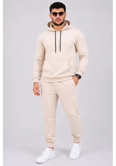 Moda Erkek İki İplik Kapüşonlu Kanguru Cepli Sweatshirt Jogger Pantolon Alt Üst Eşofman Takımı -bej Çok Renkli