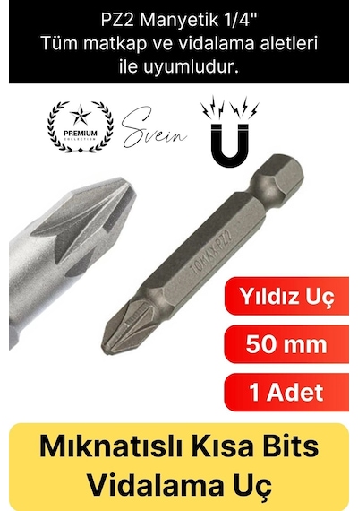 Bitsuç 50 Mm Mıknatıslı Yıldız Vidalama Bits Uç Pz2 Manyetik 1/4" Şarjlı Matkap Ucu Kısa Boy 1 Adet