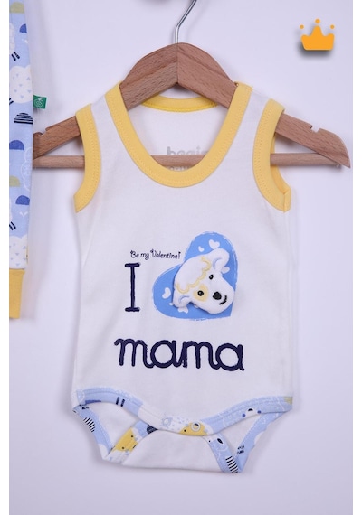 Babyhola Bebek Çıtçıtlı Badi Tulum Bere 3'lü Takım %100 Pamuk Annemi Seviyorum Yazılı 587-8 Mavi