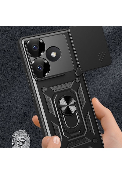 Xiaomi Poco F6 Kılıf Magnetik Standlı Kamera Korumalı Zore Sürgülü Vega Kapak Siyah
